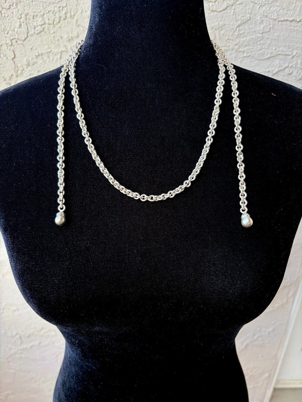 Vintage 950 Sterling Silver Lariat Round Link Ball Bead Dangle Necklace Peru